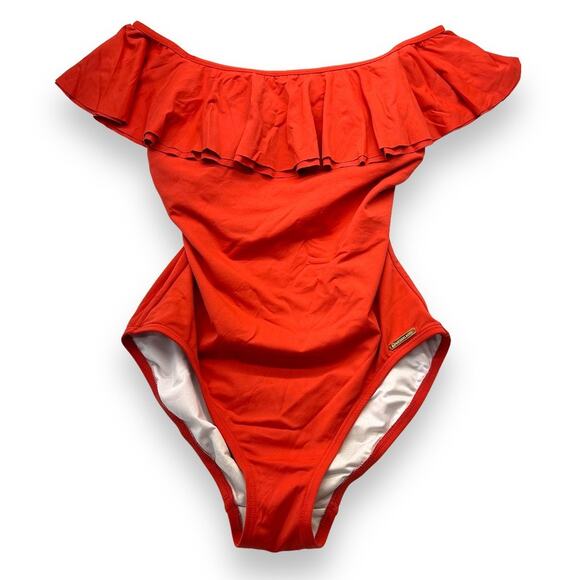 Michael Kors Burnt Orange Off the Shoulder One Piece Swimsuit Women's Sz. 8 - Picture 1 of 9